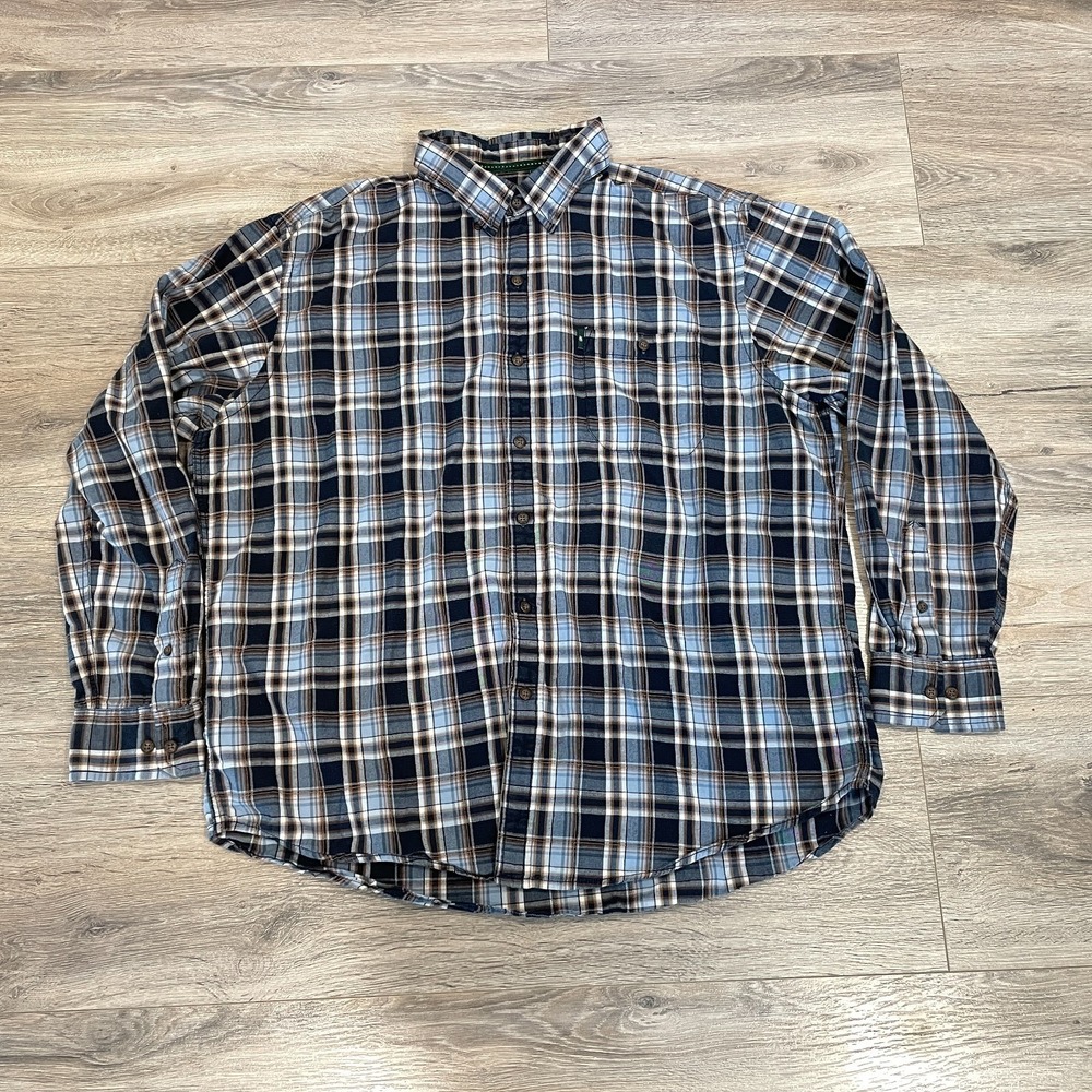 GH Bass Flannel Shirt Mens XL Blue Plaid Button Windowpane Tartan-Style